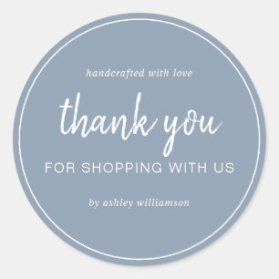 Stoffig blauwe chic script bedankt voor uw aankoop ronde sticker