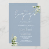 Stoffig blauwe elegante bloemige verlovingsfeest kaart (Voorkant / Achterkant)