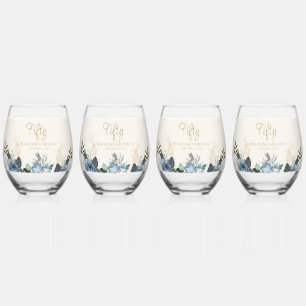 Stoffig blauwe witte bloemstuk vijftig verjaardag  wijnglas zonder voet