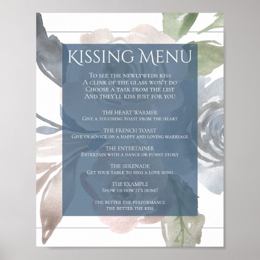 Stoffig Bloemmotief | Rookblauwe Pastel Kus Menu Poster (Voorkant)