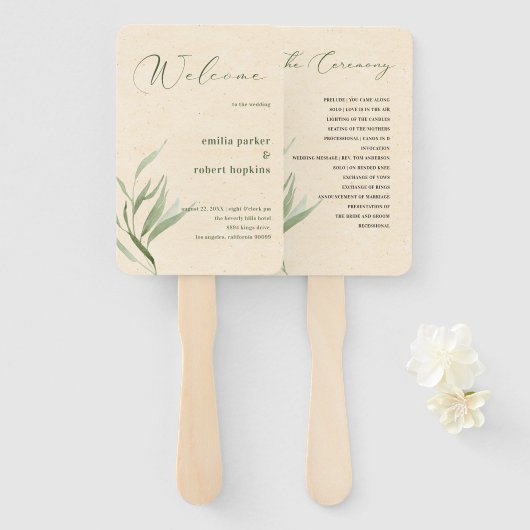 Stoffig groen blad beige ambachtelijk papier handwaaier (Voorkant en achterkant)