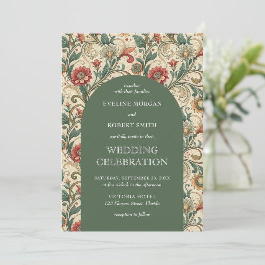 Stoffig groen terracotta Art Nouveau bruiloft Kaart (Staand voorkant)