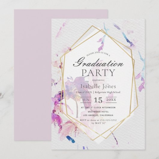 Stoffig Lila Waterverf Floral Afstuderen Kaart (Voorkant / Achterkant)