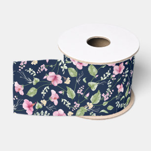 Stoffig Navy Blauwe Roze Hibiscus Bloei Trouw Brui Grosgrain Lint