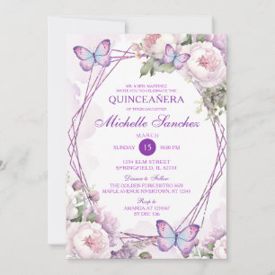 Stoffig Paarse Bloemen Meisje Vlinder Quinceañera Kaart
