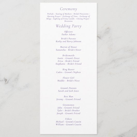 Stoffig Paarse Witte Bloemen Script Eenvoudige bru Programma (Achterkant)