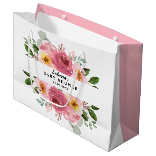 Stoffig Roos | Blush Pink Floral Baby shower Groot Cadeauzakje (Voorkant Gekanteld)