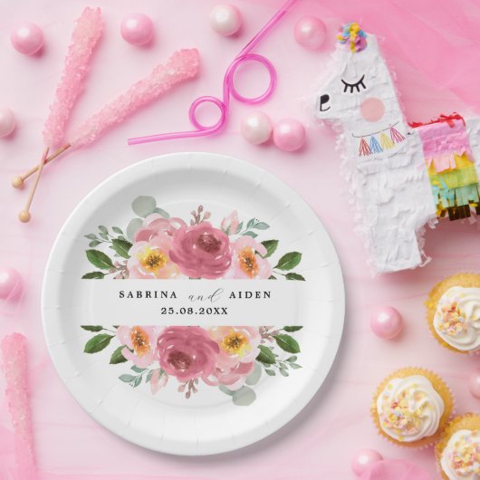 Stoffig Roos | Blush roze bloemenbruiloft Papieren Bordje (Feest)