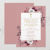 Stoffig Roos Boho Floral Eerste Heilige Communie Save The Date (Voorkant / Achterkant)