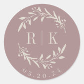 Stoffig Roos Botanische Krans Trouwmonogram Ronde Sticker (Voorkant)