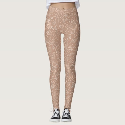 Stoffig Roos Deep Brownish Roze Witte Bloemen Chic Leggings (Voorkant)