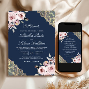Stoffig Roos Gouden kant QR Code Navy Moslim bruil Kaart