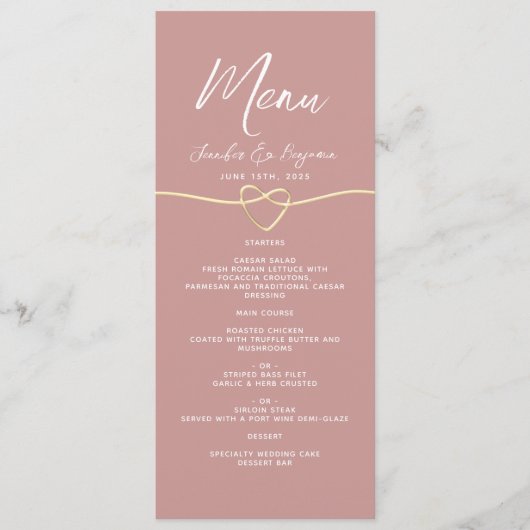 Stoffig Roos Gouden Touw Hart Wedding Menu (Voorkant)