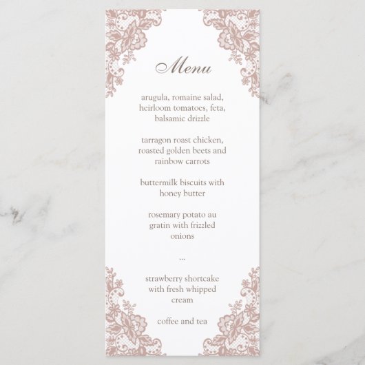 Stoffig roos kant bruiloft menu (Voorkant)