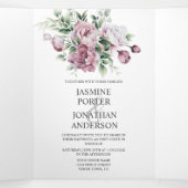 Stoffig Roos Pioenengroen bruiloft | Drieluik Uitnodiging (Binnenkant midden)