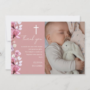 Stoffig Roos Roze Bloemen Foto Doop Doop Doop Doop Bedankkaart