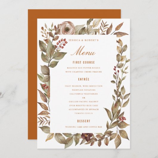 Stoffig Roos Sage Rust Fall Wedding Menu Kaart (Voorkant / Achterkant)