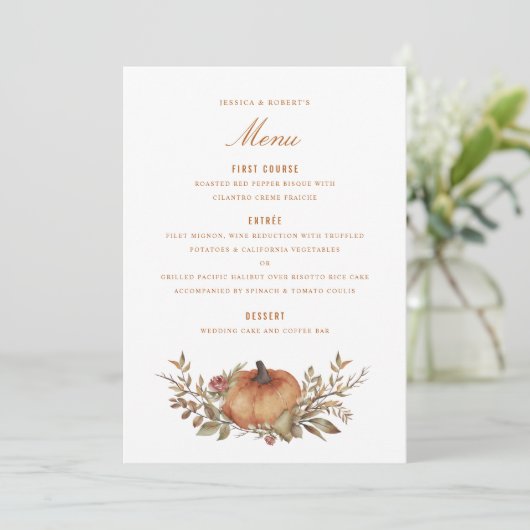 Stoffig Roos Sage Rust Pompoen Fall Wedding Menu (Staand voorkant)