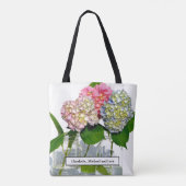 Stoffig roze blauw geel groen bloemenhortensia's draagtas (Achterkant)