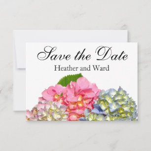 Stoffig roze blauw geel groen bloemenhortensia's save the date