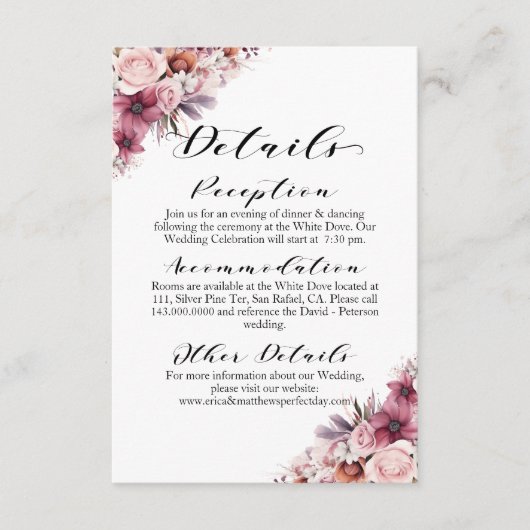 Stoffig Roze Bloemen Modern Script Trouwdetails Informatiekaartje (Voorkant)