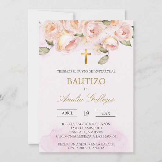 Stoffig roze bloemig Spaans doopsel Uitnodiging (Voorkant)