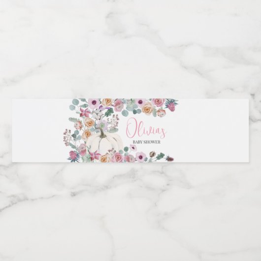 Stoffig roze bloemig wit pompoen Baby shower Waterfles Etiket (Enkel label)