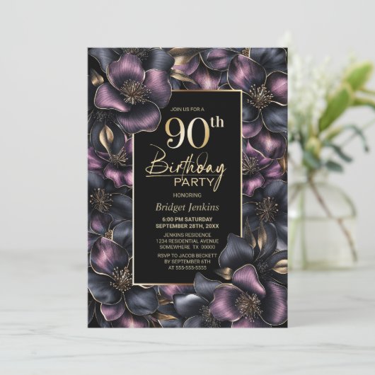 Stoffig Roze en Grijze Bloemen 90ste Verjaardagsfe Kaart (Staand voorkant)