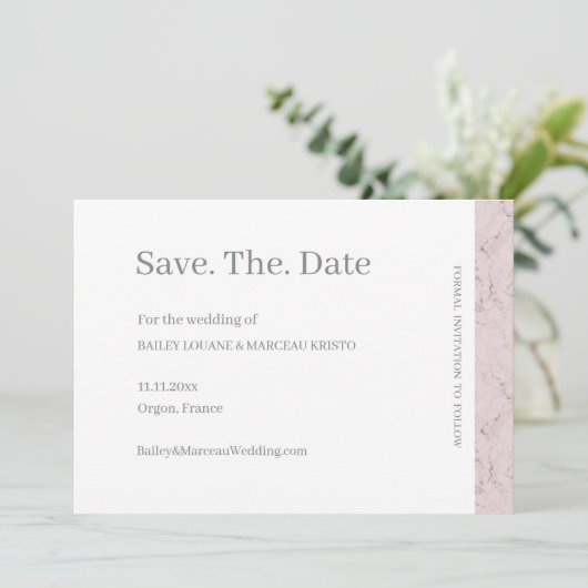 Stoffig roze grijs wit marmeren Save The Date-huwe Kaart (Staand voorkant)
