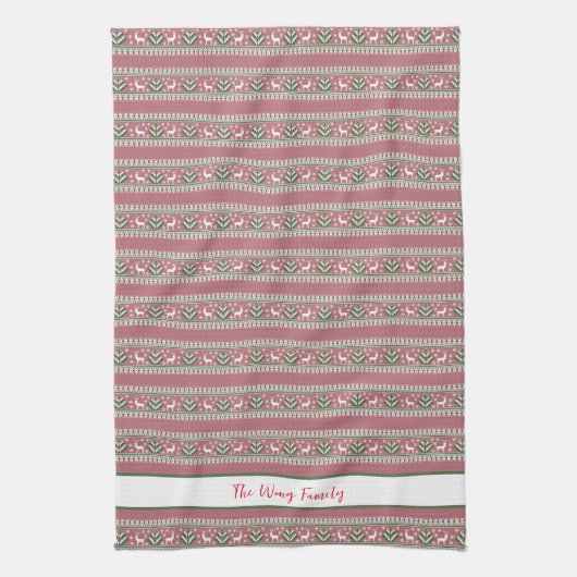 Stoffig Roze Groen en Wit Fair Isle Kerstmis Theedoek (Verticaal)