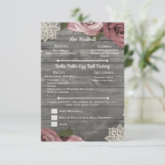 Stoffig Roze Rozen Grijs Rustiek Hout Kant Menu In Kaart (Staand voorkant)
