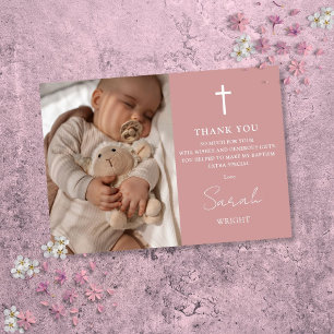 Stoffig Roze Script Moderne Foto Doop Christening Bedankkaart