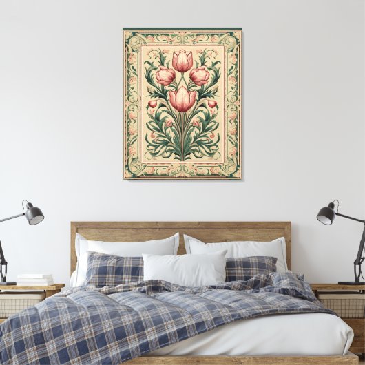 Stoffig roze tulp middeleeuws smaragd Ornament Canvas Afdruk (Insitu (Slaapkamer))
