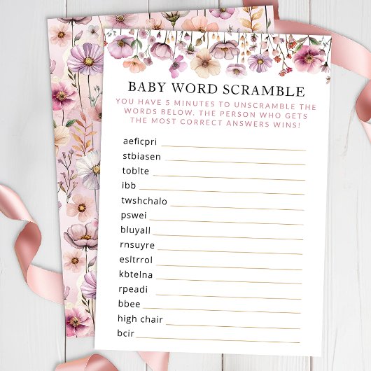Stoffig Roze Wildflower Baby Word Scramble – Boho Informatiekaartje
