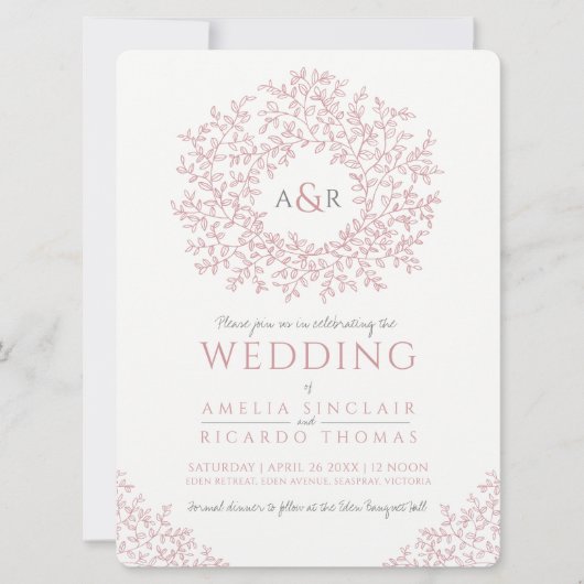 Stoffig roze wit hand getrokken blad monogram brui kaart (Voorkant)