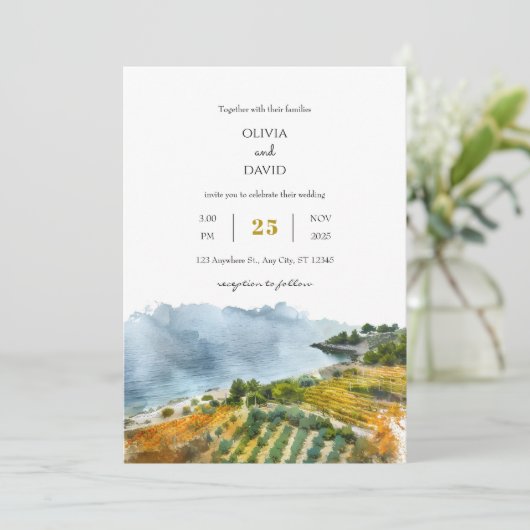 Stoffig turquoise zeekant landschap strand bruilof kaart (Staand voorkant)