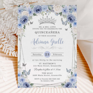Stoffige Baby Blauw Witte Bloemen Zilver Quinceañe Kaart