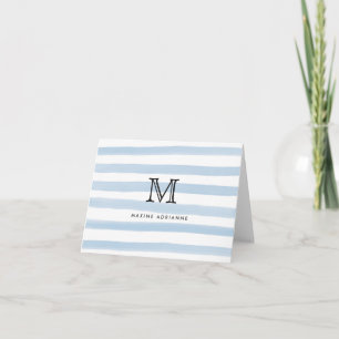 Stoffige Blau Aquarel Strepen Patroon Monogram Notitiekaartje