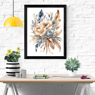 Stoffige Blau Beige Neutrale Kleuren Bloem Boho Poster