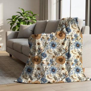 Stoffige Blau Ivoor Bloemen Weelderig Boho Trouwca Sherpa Deken