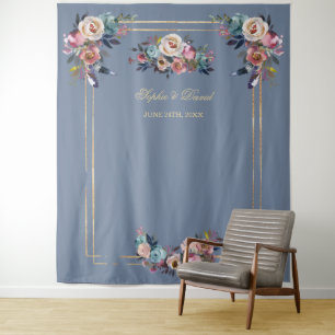 Stoffige Blau Roze Bloem Gouden Frame Photo Booth  Wandkleed