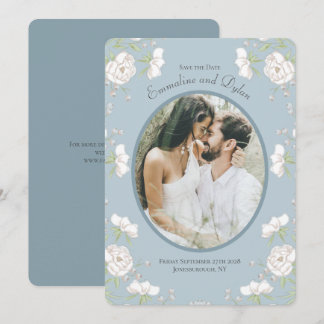 Stoffige Blau Witte Roos Trouwfoto Save the Date Kaart