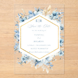 Stoffige Blauw Gouden Bloemen Alles in één Trouwfe Acryl Uitnodigingen