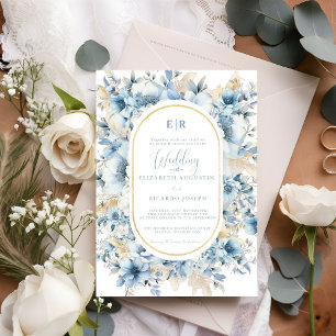 Stoffige Blauw Gouden Bloemen Alles in één Trouwfe Kaart