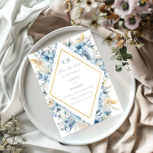 Stoffige Blauw Gouden Bloemen Alles in één Trouwfe Save The Date