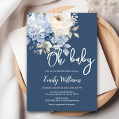 Stoffige blauw-witte bloemenuitnodiging voor baby kaart