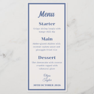 Stoffige Blauwe Aquarel Bloemachtige Trouwdag Menu
