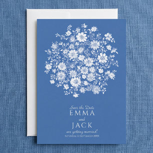 Stoffige Blauwe Bloemboeket Save the Date Kaart