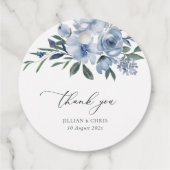 stoffige blauwe bloemen bruiloft bedankjes labels (Achterkant)