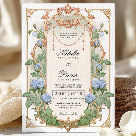 Stoffige Blauwe Bloemen en Gouden Huwelijksuitnodi Kaart